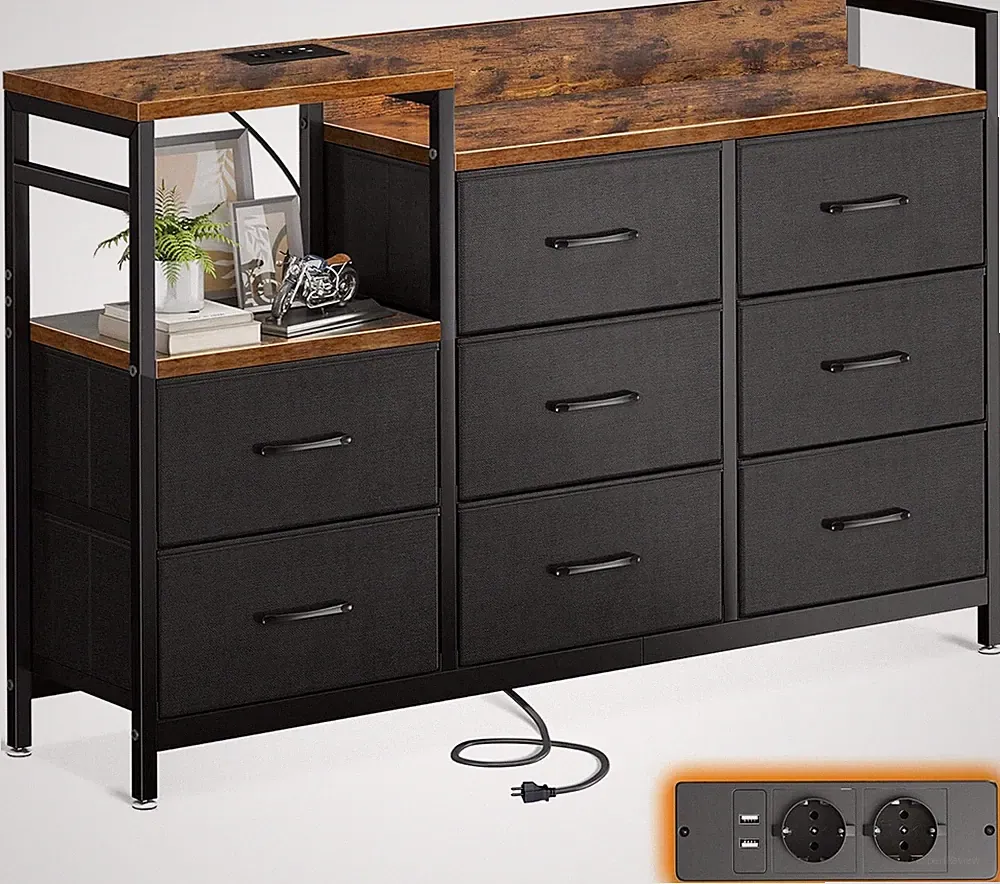 ODK Kommode mit Schubladen, 2 USB & 2 AC-Anschlüssen, 8 Schubladen aus Stoff