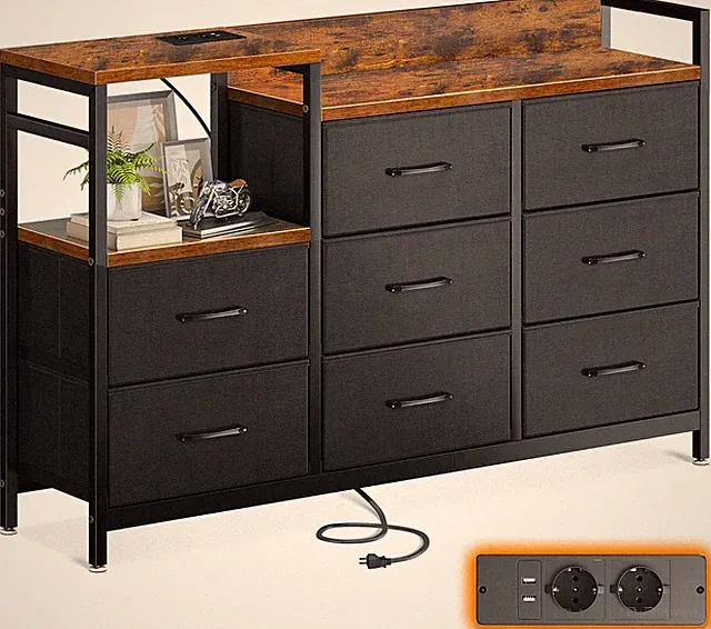 ODK Kommode Mit Schubladen, 2 USB & 2 Ac-Anschlüssen, 8 Schubladen Aus Stoff - G