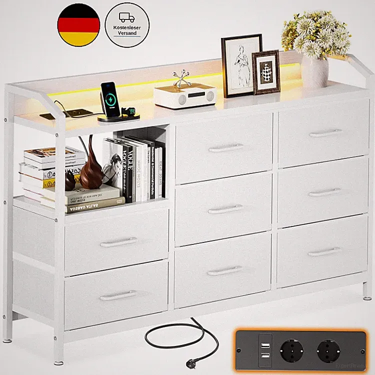 ODK Kommode Weiß mit LED, 2 USB, 2 Steckdosen, 8 große Schubladen, 29x110x88 cm