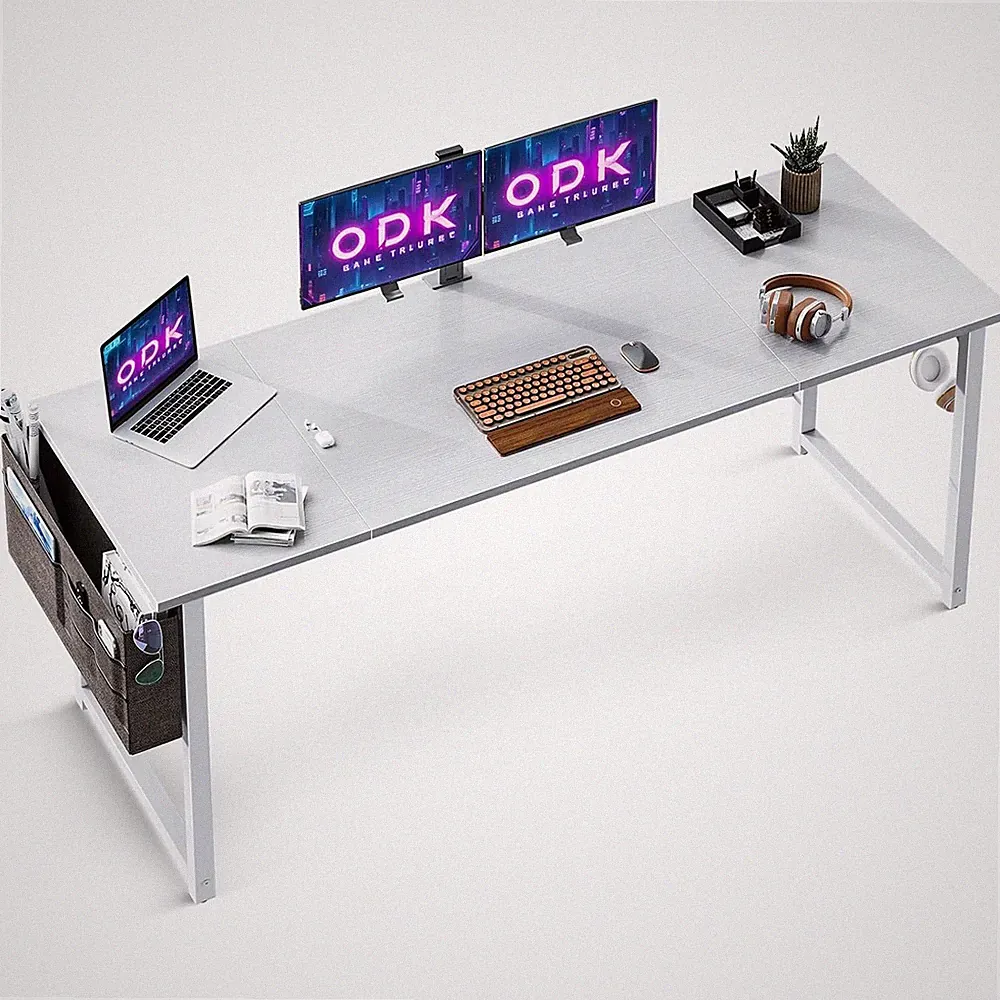 ODK Schreibtisch 160x55x73,5cm Weiß mit Kopfhörerhalter & Tasche Holz