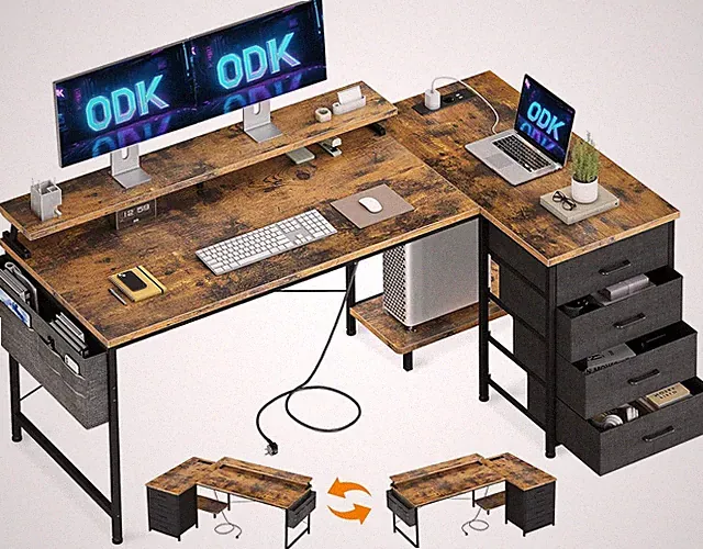 ODK Schreibtisch L Form Reversibel, 160X80X84.7Cm Eckschreibtisch Mit Mit 4 Schu