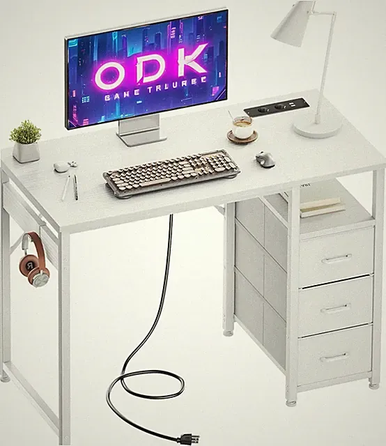 ODK Schreibtisch mit 3 Stoffschubladen 100x48x75,5 cm Weiß USB Steckdosen