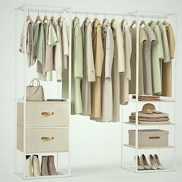 offener Kleiderschrank, 1 ausziehbare Stange, 2 Schubladen, 4 Ablagen