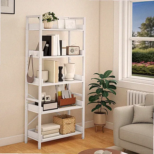 Offenes Bücherregal mit 5 Ebenen, schmal und hoch aus Metall mit 4 Haken, ind...