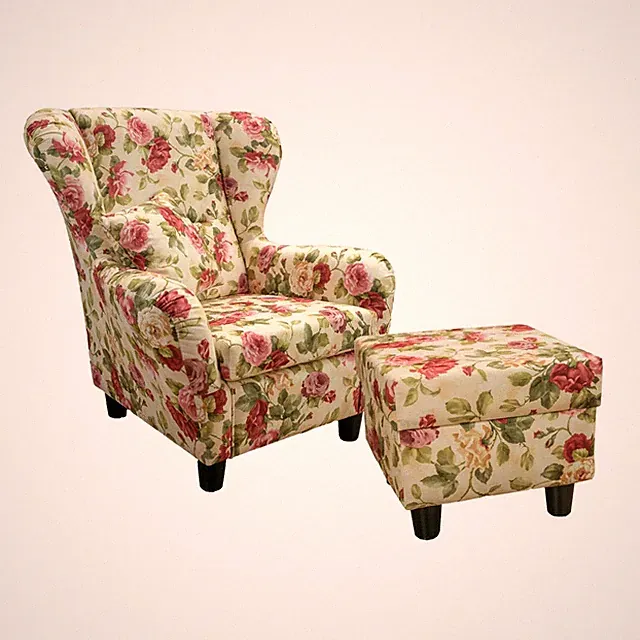 Ohrensessel mit Hocker Landhaus Polster-, TV-, Lesesessel Blumenmuster-Webstoff