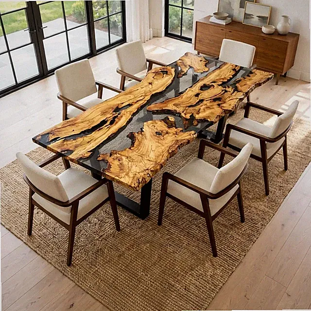 Olivenholz Epoxid River Esstisch, handgefertigter Live Edge Tisch mit klarem...