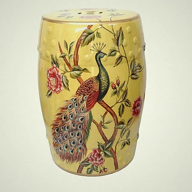 Orientalischer chinesischer gelber Porzellan Hocker Sitz Pfauen Pfingstrosen Blumen 45 cm