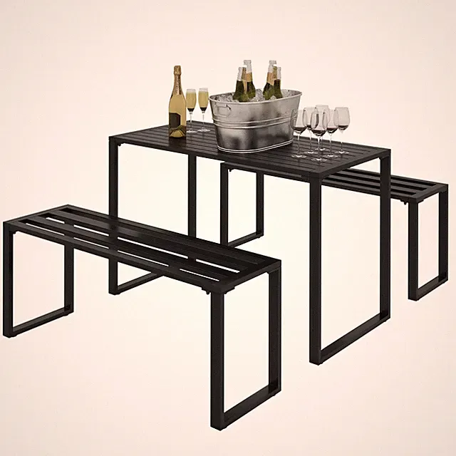 Outdoor Möbelset Tisch + Bänke 4er Gartensitzgruppe Tisch Sitzbank Metall