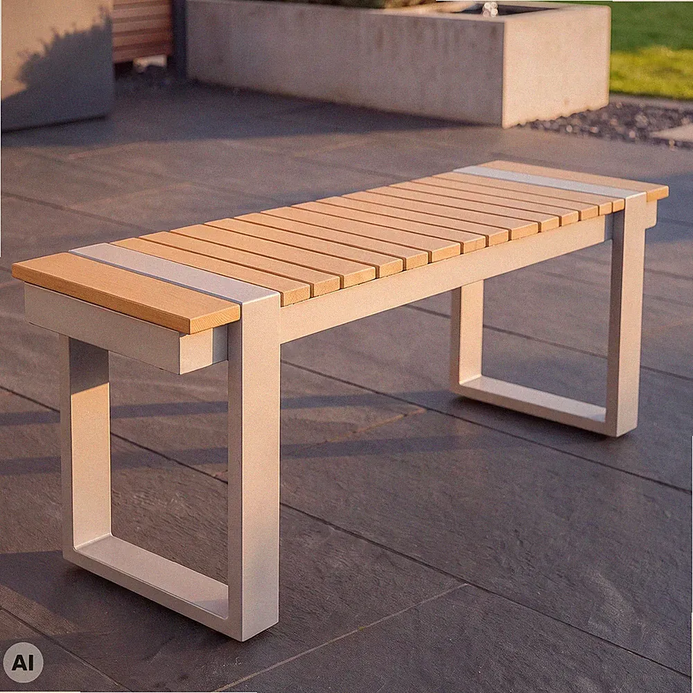 Outdoor Sitzbank TAMPA LOUNGE 125cm greige natur - Metall Holz-Optik wetterfest