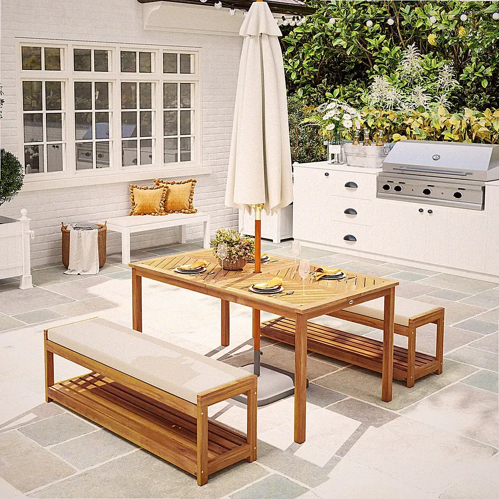 Outsunny 3 tlg. Gartenmöbel-Set, Sitzgarnitur inkl. 1 Esstisch mit Schirmloch
