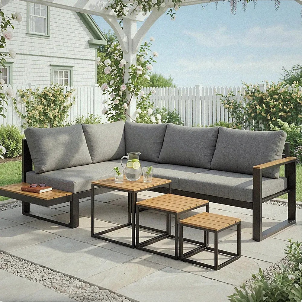 Outsunny 5-tlg. Gartenmöbel-Set Gartengarnitur mit Ecksofa Doppelsofa Couchtisch