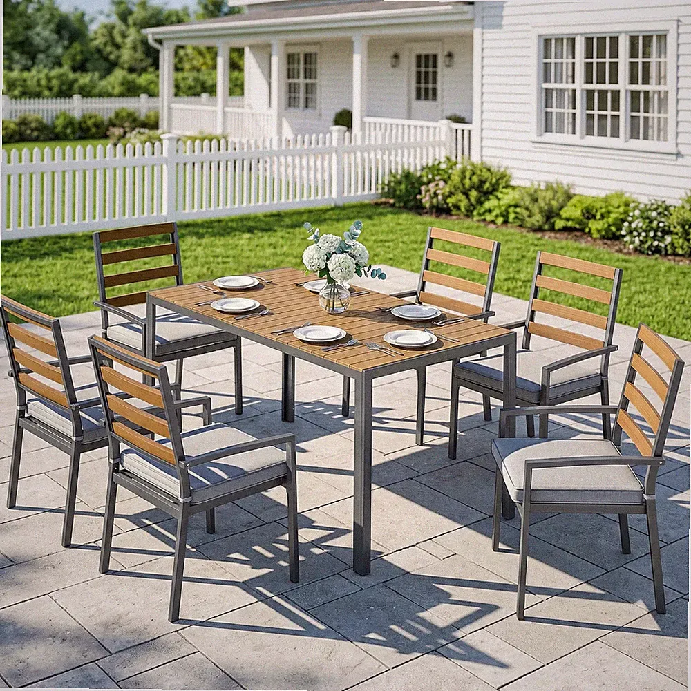 Outsunny 7 tlg. Sitzgruppe Gartenmöbel-Set mit 1 Esstisch, 6 Stühlen Naturholz