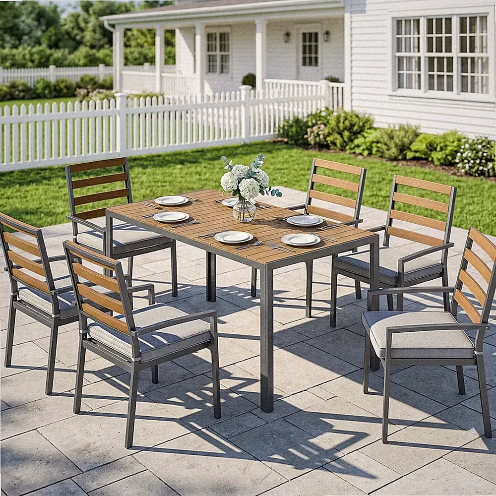 Outsunny 7 tlg. Sitzgruppe Gartenmöbel-Set mit 1 Esstisch, 6 Stühlen Naturholz