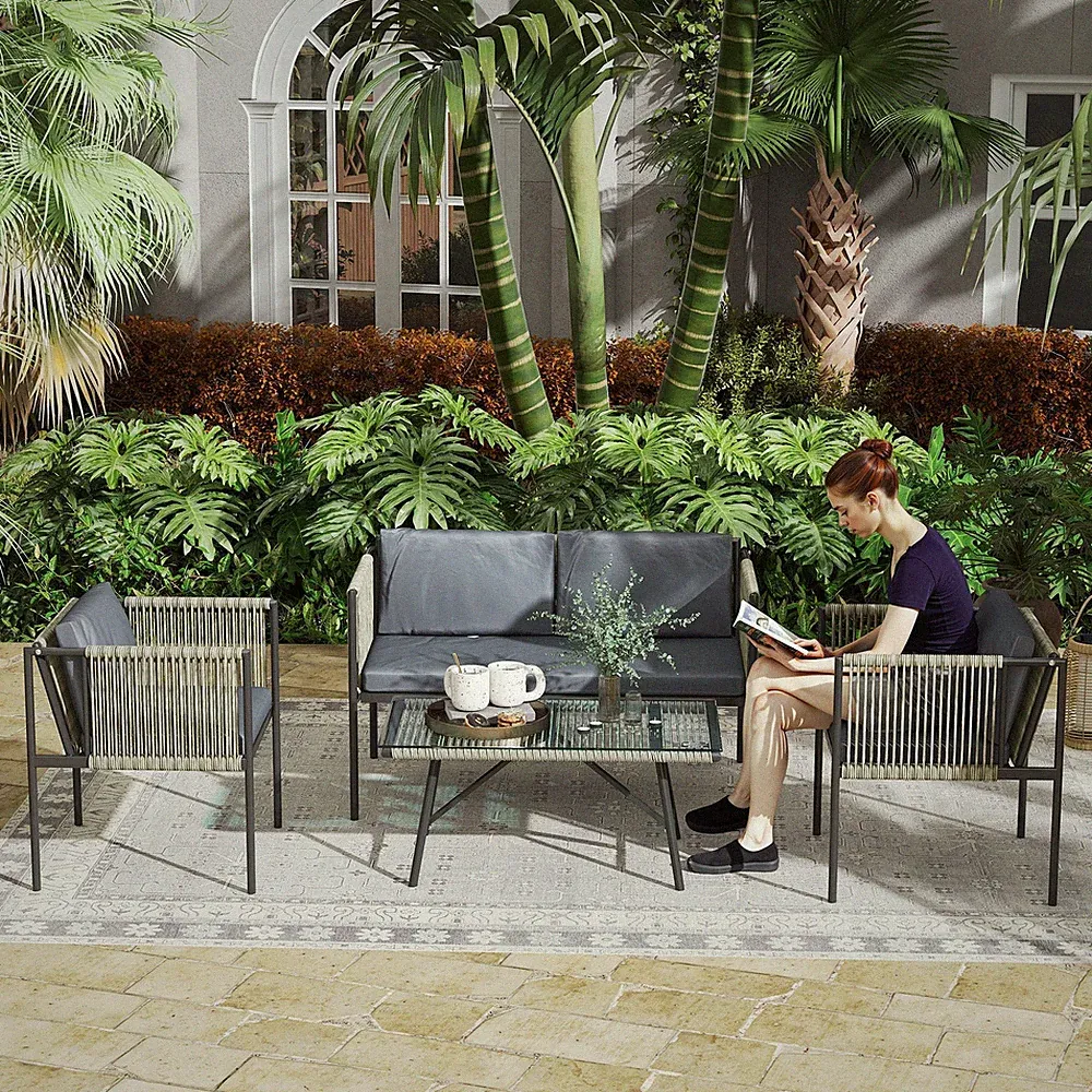 Outsunny Gartenmöbel Set aus Lounge-Set mit 2er Sofa Sessel Tisch Refurbished