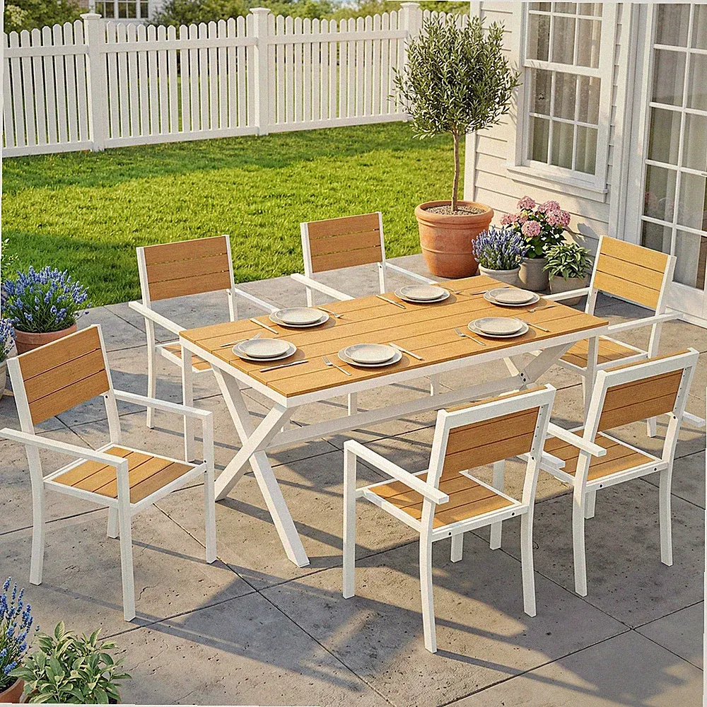 Outsunny Gartenmöbel Set Sitzgruppe 7-teilig Tisch mit 6 stapelbare Stühlen