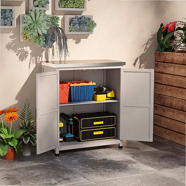 Outsunny Gartenschrank Holz Outdoor wetterfest Geräteschuppen mit Arbeitsplatte