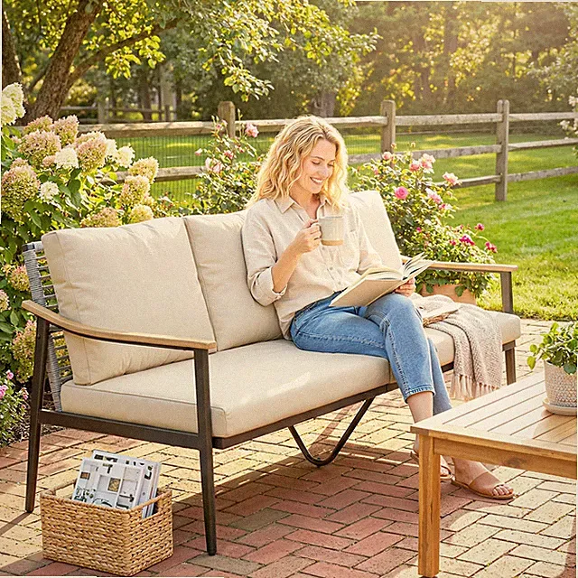 Outsunny Gartensofa 3-Sitzer Rattan Loungesofa mit abnehmbar Kissen Holzoptik