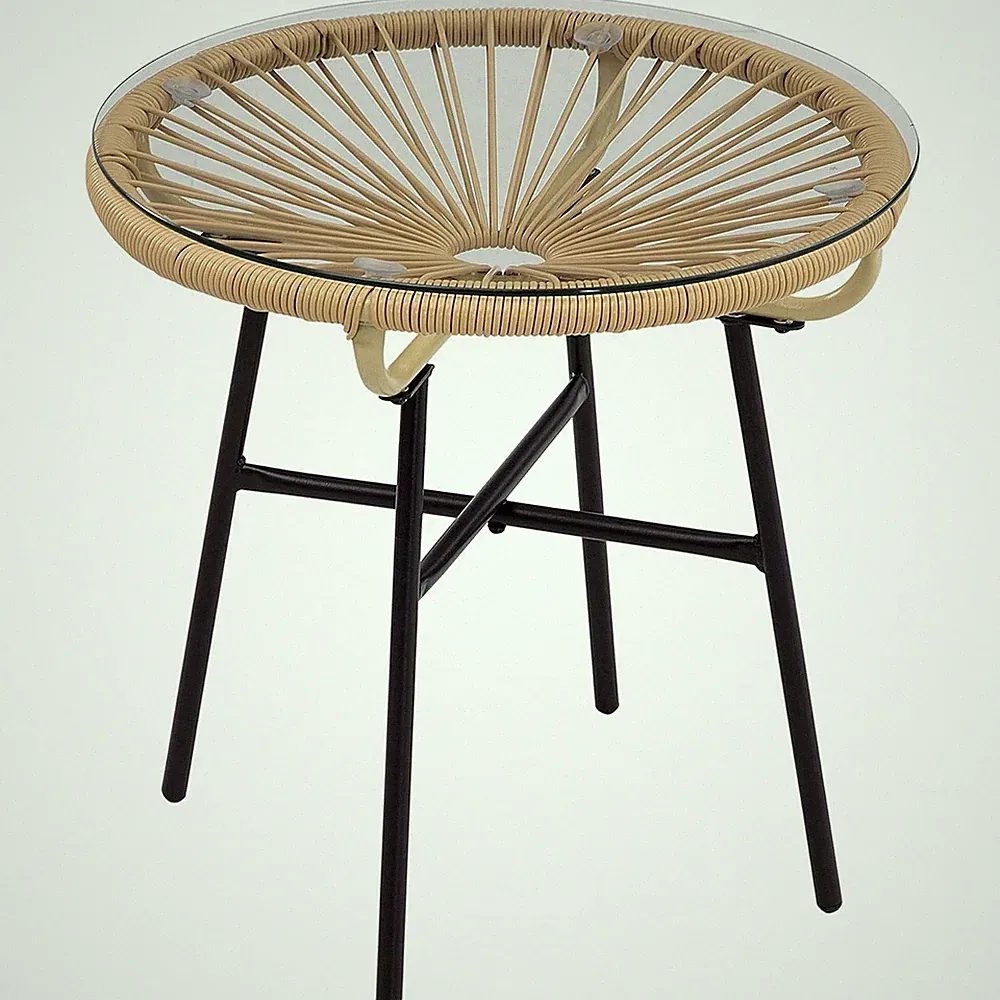 Outsunny Rattan Beistelltisch Rund Glastischplatte Metall 50x50x50cm Beige