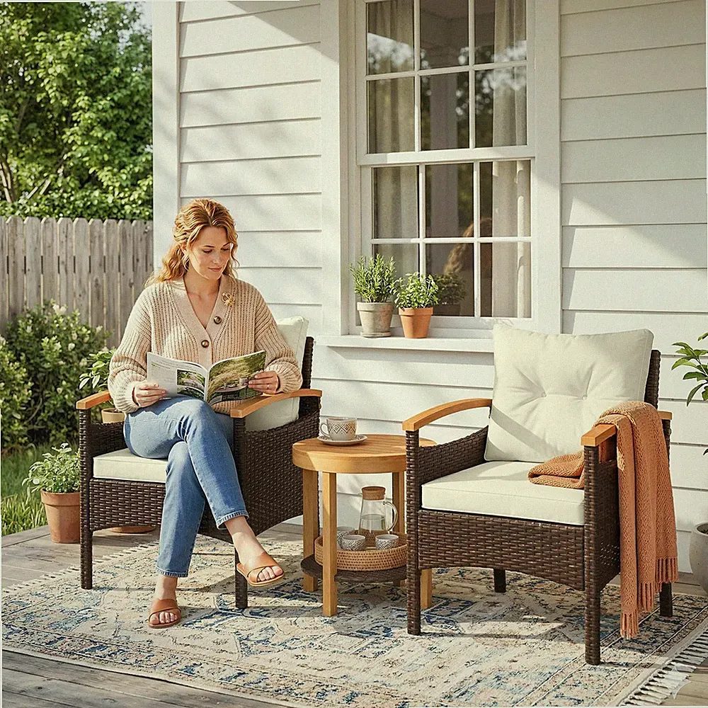 Outsunny Rattan Bistroset 3 teiliges FSC Gartenmöbel-Set mit 2 Sessel Holz-Tisch