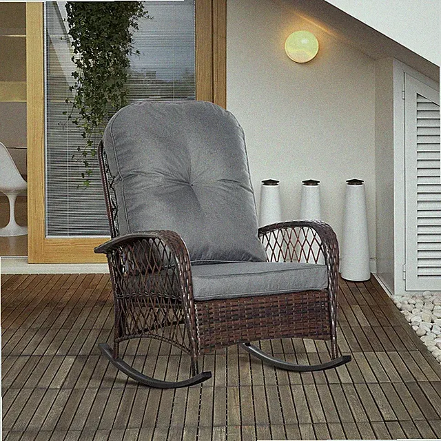 Outsunny Schaukelstuhl mit Kissen Loungemöbel Gartenstuhl PE-Rattan Braun