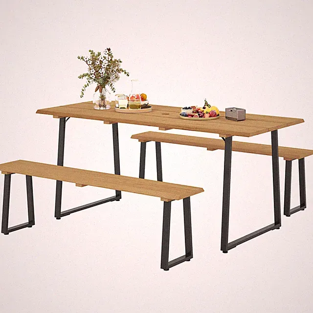 Outsunny Sitzgruppe 3-teilig Holz Essgruppe für 6 Personen Esstisch Refurbished