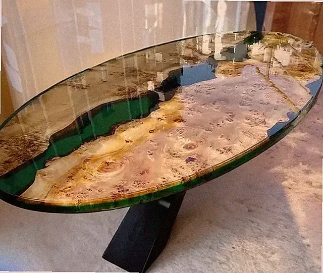 Oval Grün Epoxidharz Esstischplatte Akazienholz Möbel Flur Dekore