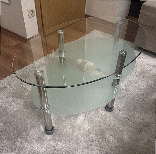 Ovaler Glas-Couchtisch 2 Glasplatten mit Ablage, Metallbeine Silber/Transparent