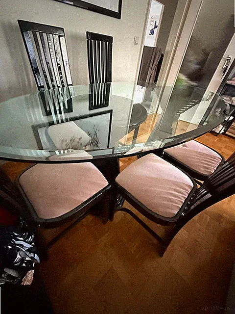 Ovaler Glas-Esstisch schwarz/transparent mit 6 Stühlen beige, 7tlg., Glanz