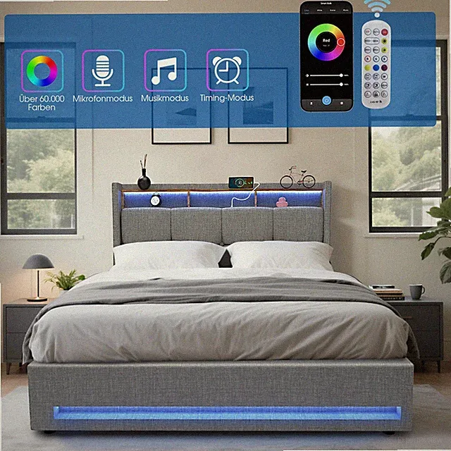 OYAJIA Graues Polsterbett mit Stauraum, USB-Anschluss und modernem Design.