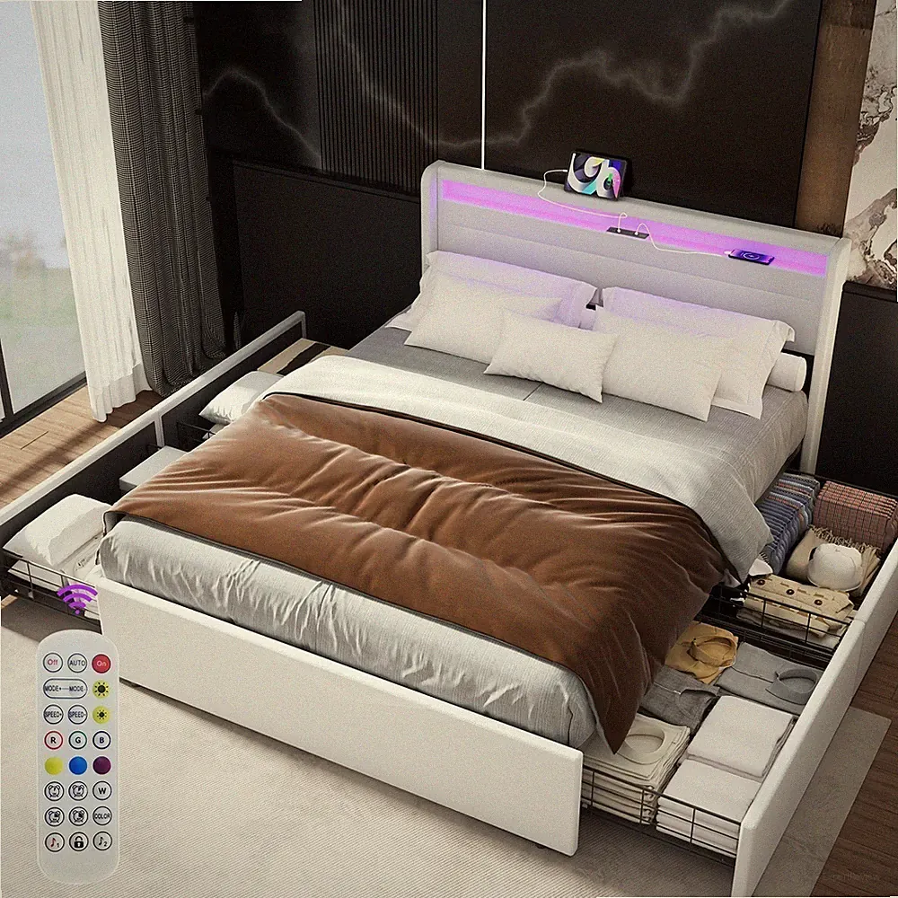 OYAJIA Weißes Lederbett mit Fernbedienung, Stauraum und Bluetooth-App.