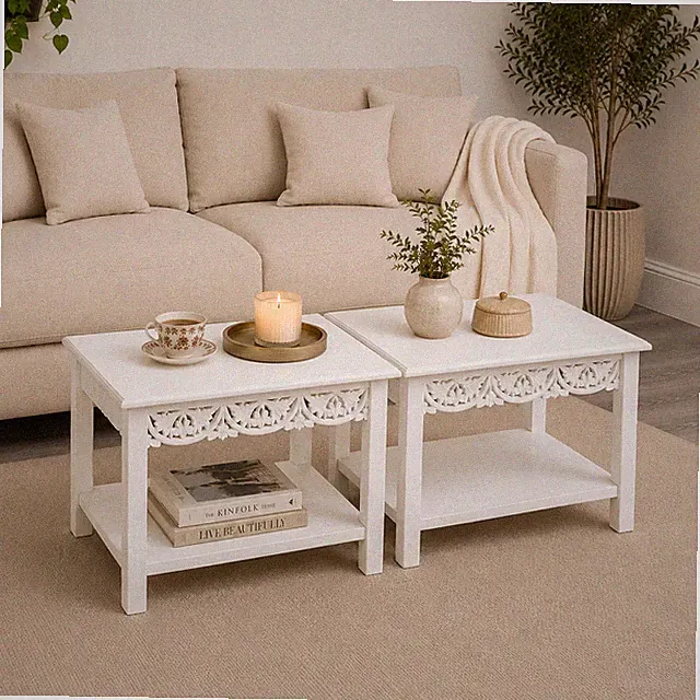 Paar böhmische weiße Used-Look Mangoholz Beistelltische / Couchtische - Freya weiß