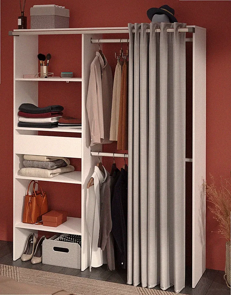 Parisot Kleiderschrank Bari 1 – Weiß 143x182 cm mit Stoffvorhang & Schublade
