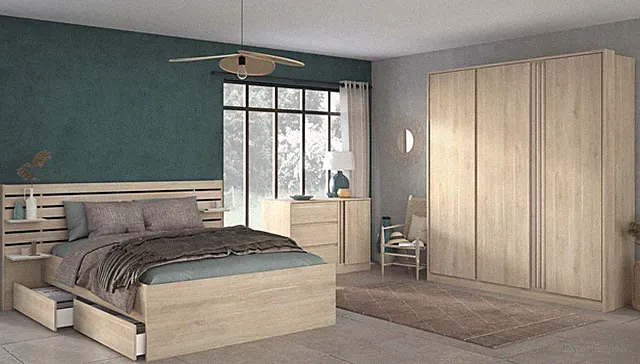 Parisot Schlafzimmer-Set Escale 27 Eiche – Bett 180×200 cm, Schrank & Kommode