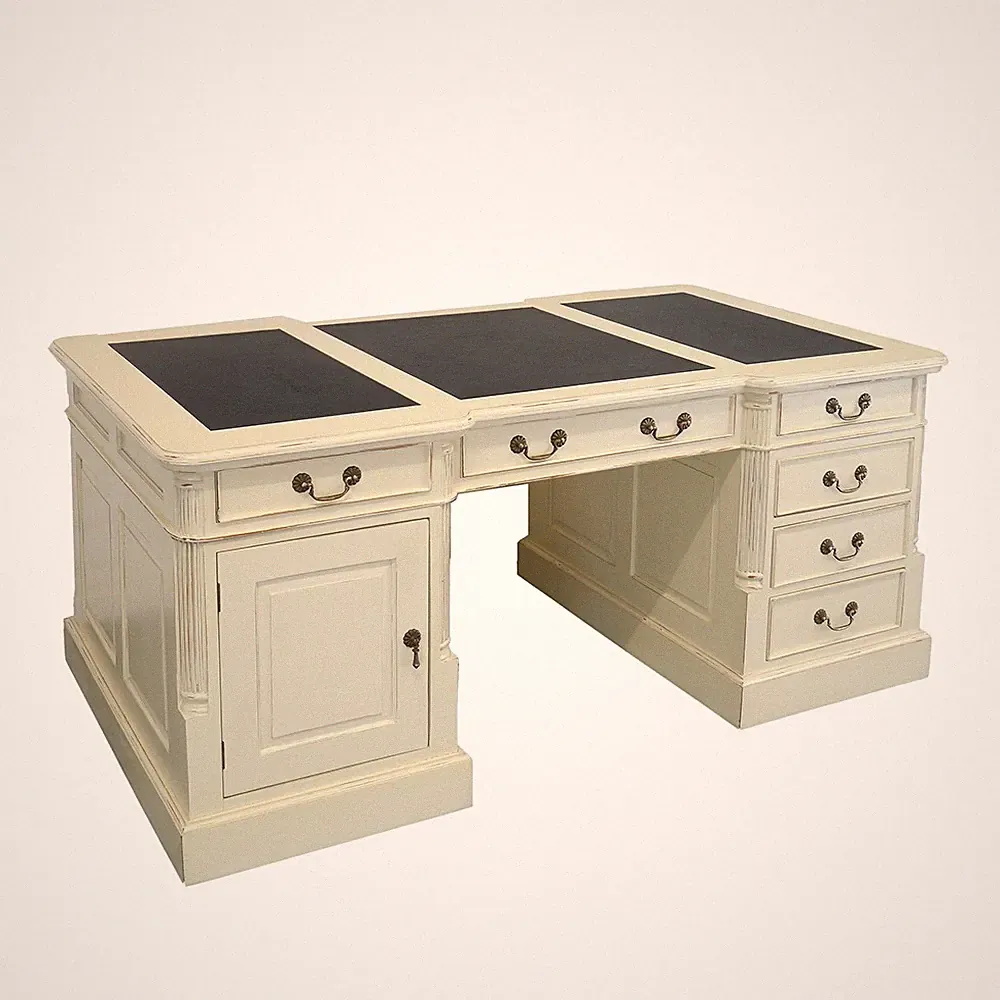 Partner-Schreibtisch antik Stil Shabby Chic weiß Leder schwarz B: 180 cm -11780