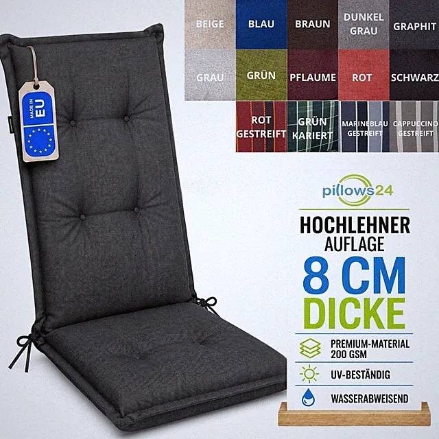 Pillows24 Hochlehner Auflagen 120x50x8 cm 200g/m² wasser- & UV-beständig Outdoor
