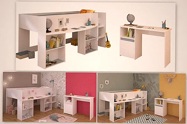 Pirouette 17 Jugendzimmer in Weiß mit Grau/Rosa Hochbett, Schreibtisch
