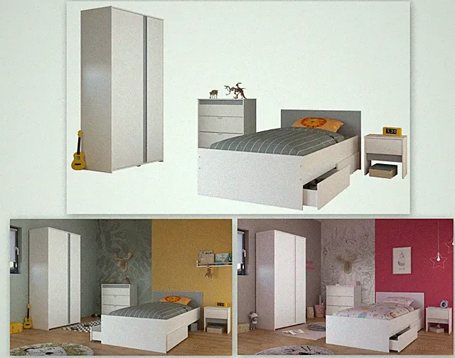 Pirouette 22 Jugendzimmer weiß mit grau/rosa Bett, Kommode, Schrank, NaKo