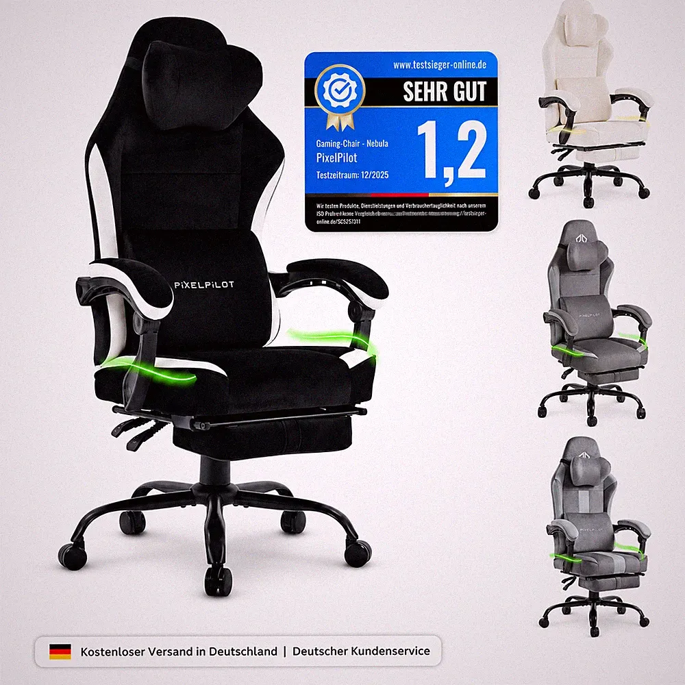 PixelPilot Gaming Stuhl Ergonomisch mit Kopf- & Lendenstütze Fußstütze bis 150kg