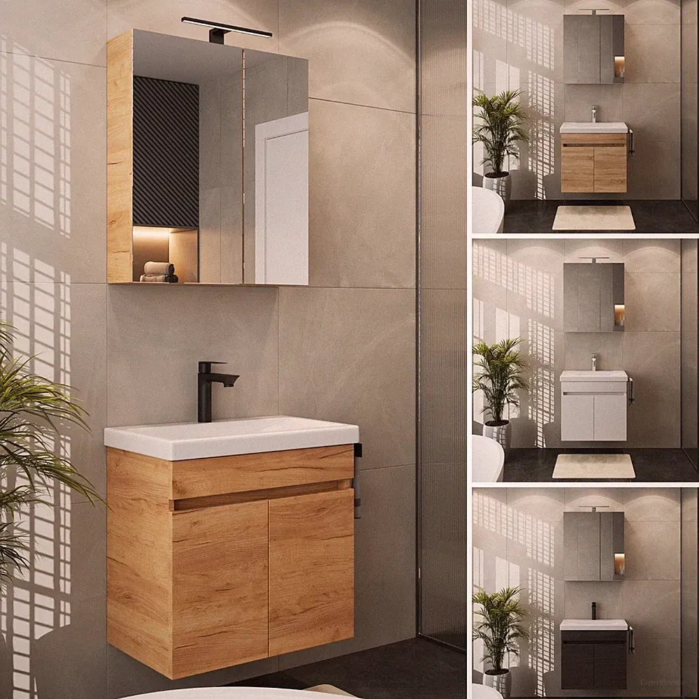 Planetmöbel Badmöbel Set 60 cm LED Spiegelschrank Waschbecken Gäste WC Bad