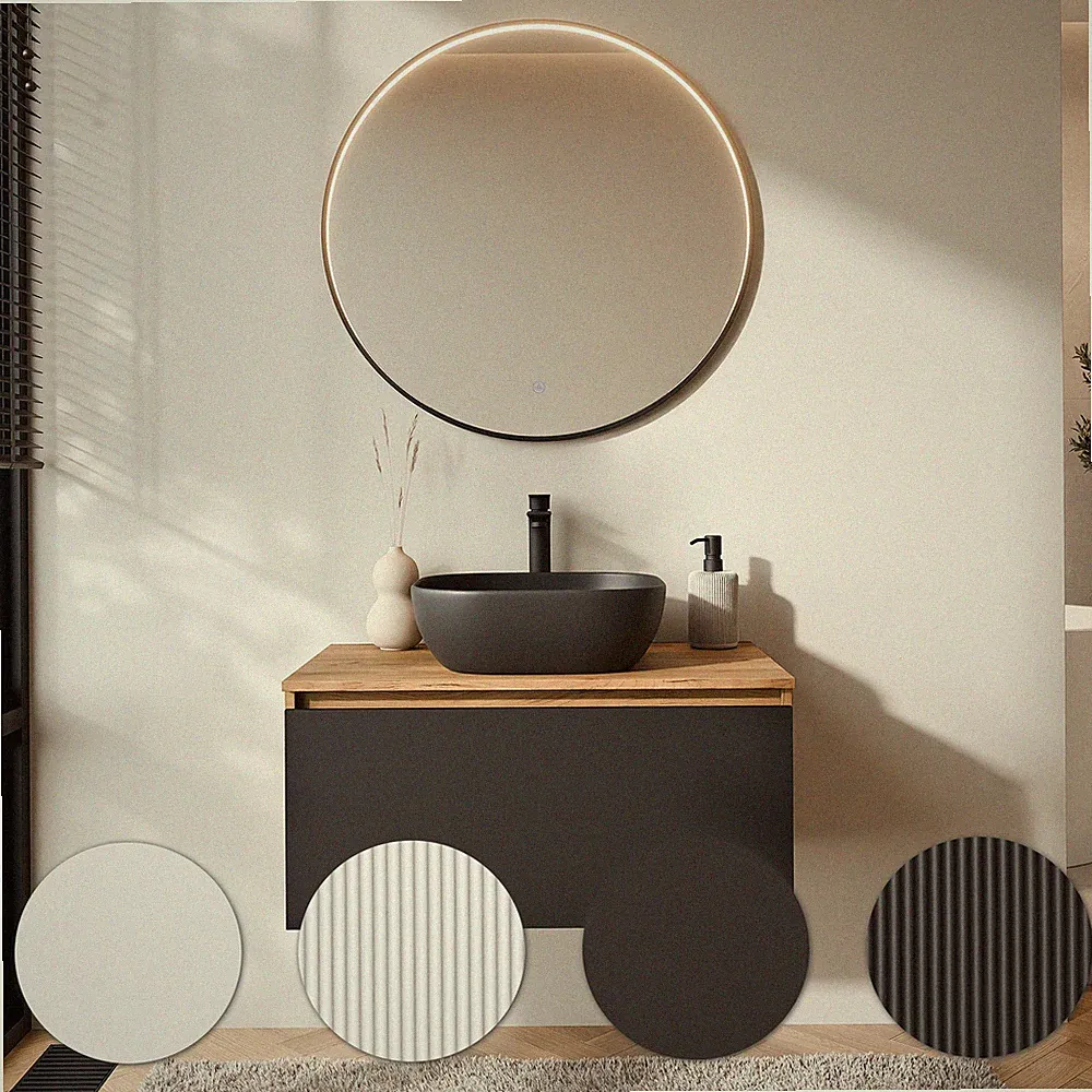Planetmöbel Badmöbel Set ARISA - Aufsatzwaschbecken 42 cm & LED Spiegel VELUNA