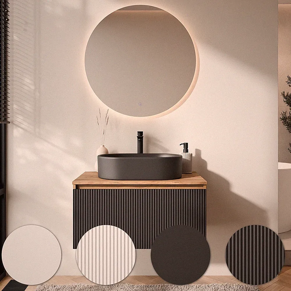 Planetmöbel Badmöbel Set ARISA - Aufsatzwaschbecken 55 cm & LED Spiegel NOVA