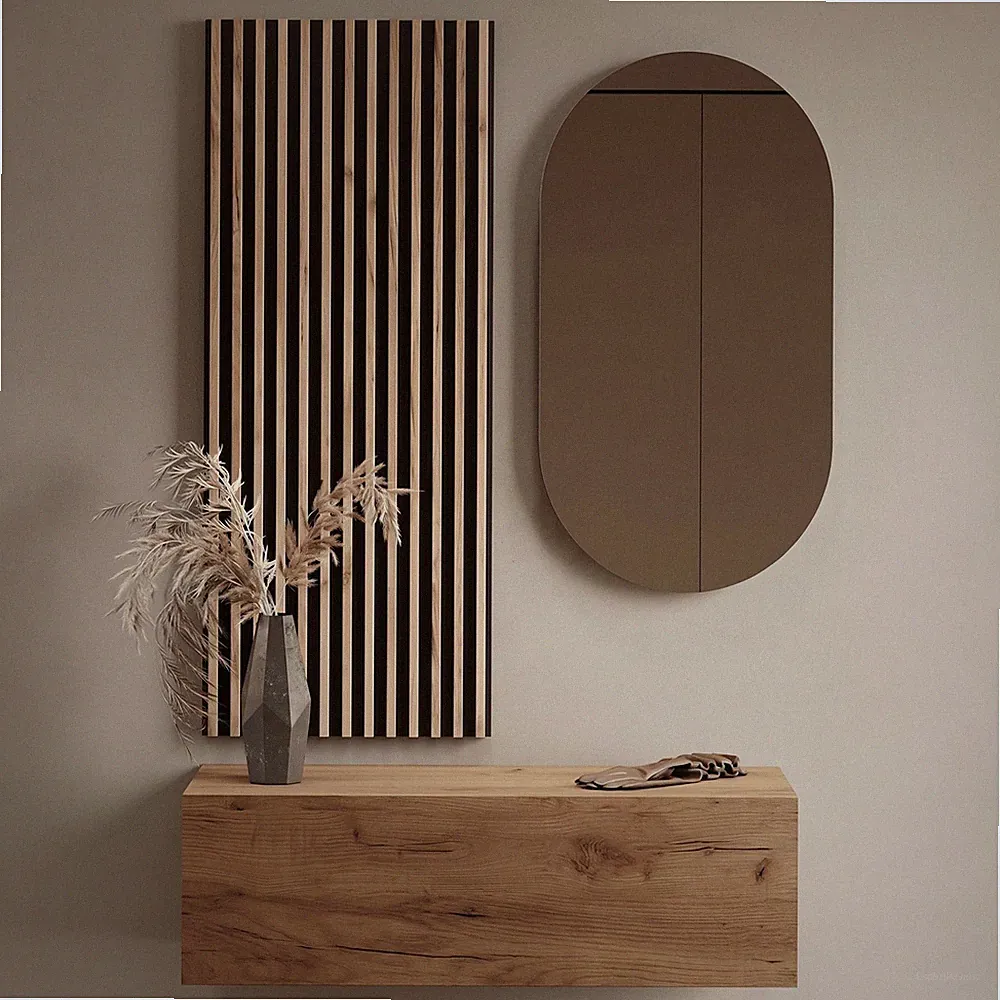 Planetmöbel Garderobenset aus Flurschrank 100 cm, Oval Spiegel und Wandpaneel
