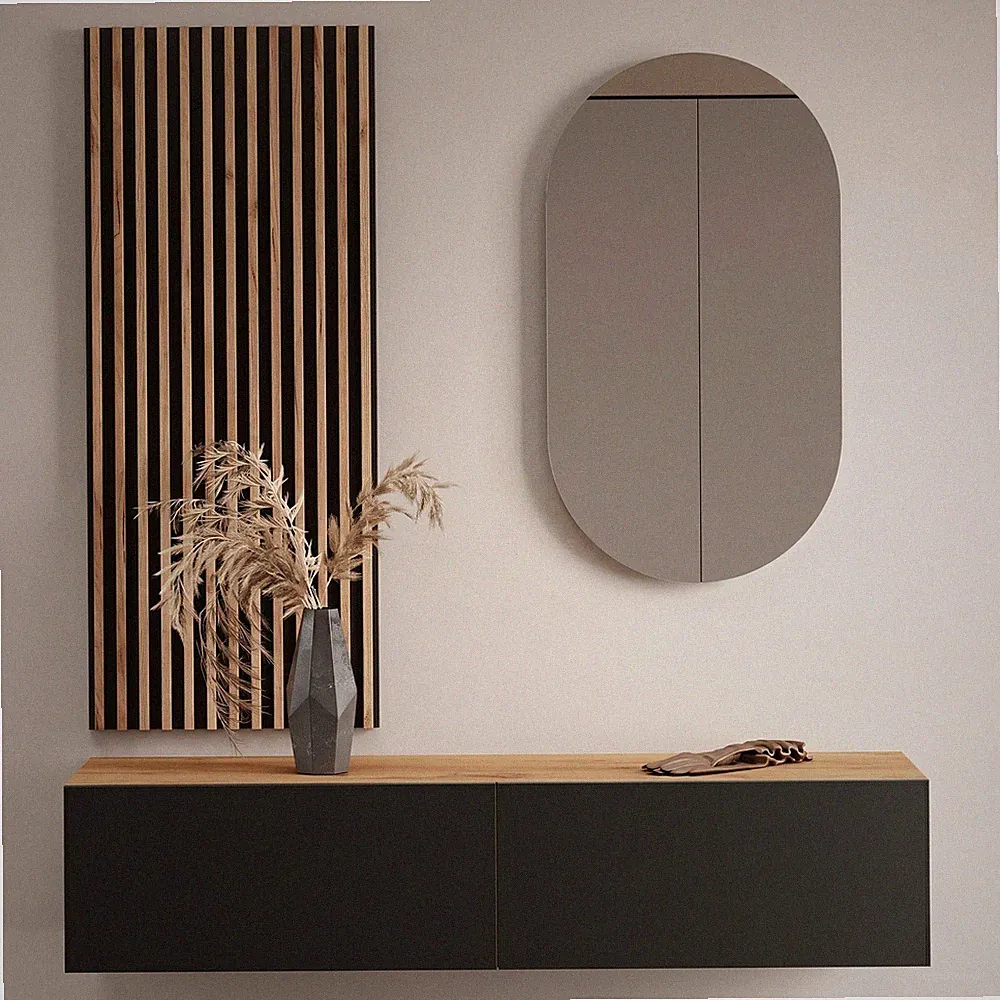 Planetmöbel Garderobenset aus Flurschrank 140 cm, Oval Spiegel und Wandpaneel