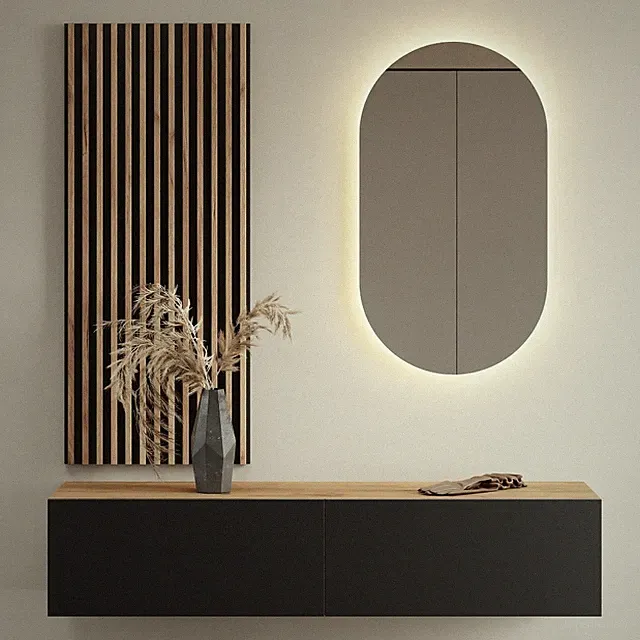 Planetmöbel Garderobenset aus Flurschrank 140 cm, ovaler LED Spiegel & Paneel
