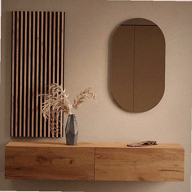 Planetmöbel Garderobenset aus Flurschrank 160 cm, Oval Spiegel und Wandpaneel
