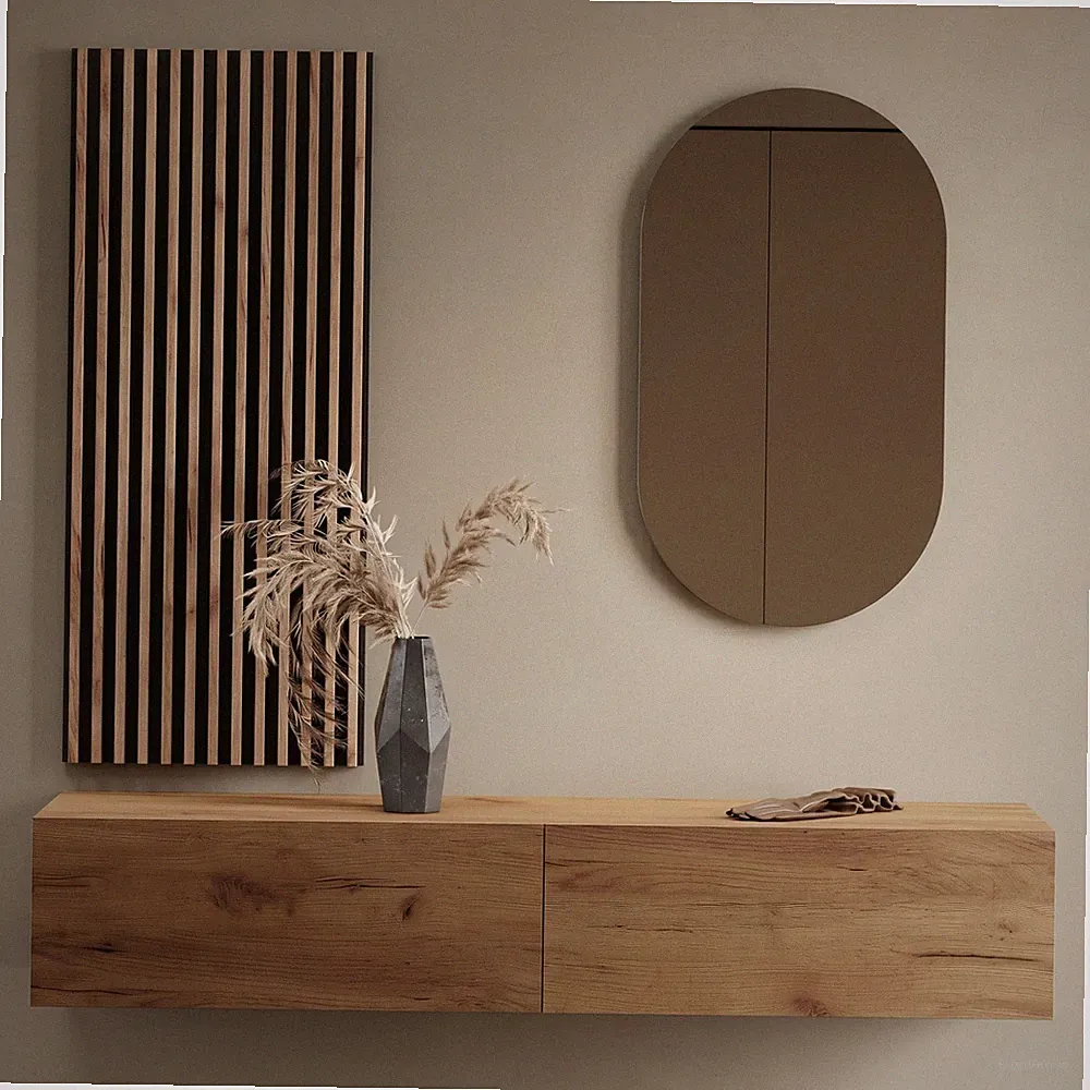 Planetmöbel Garderobenset aus Flurschrank 160 cm, Oval Spiegel und Wandpaneel