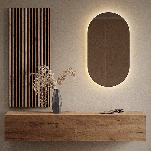 Planetmöbel Garderobenset aus Flurschrank 160 cm, ovaler LED Spiegel & Paneel