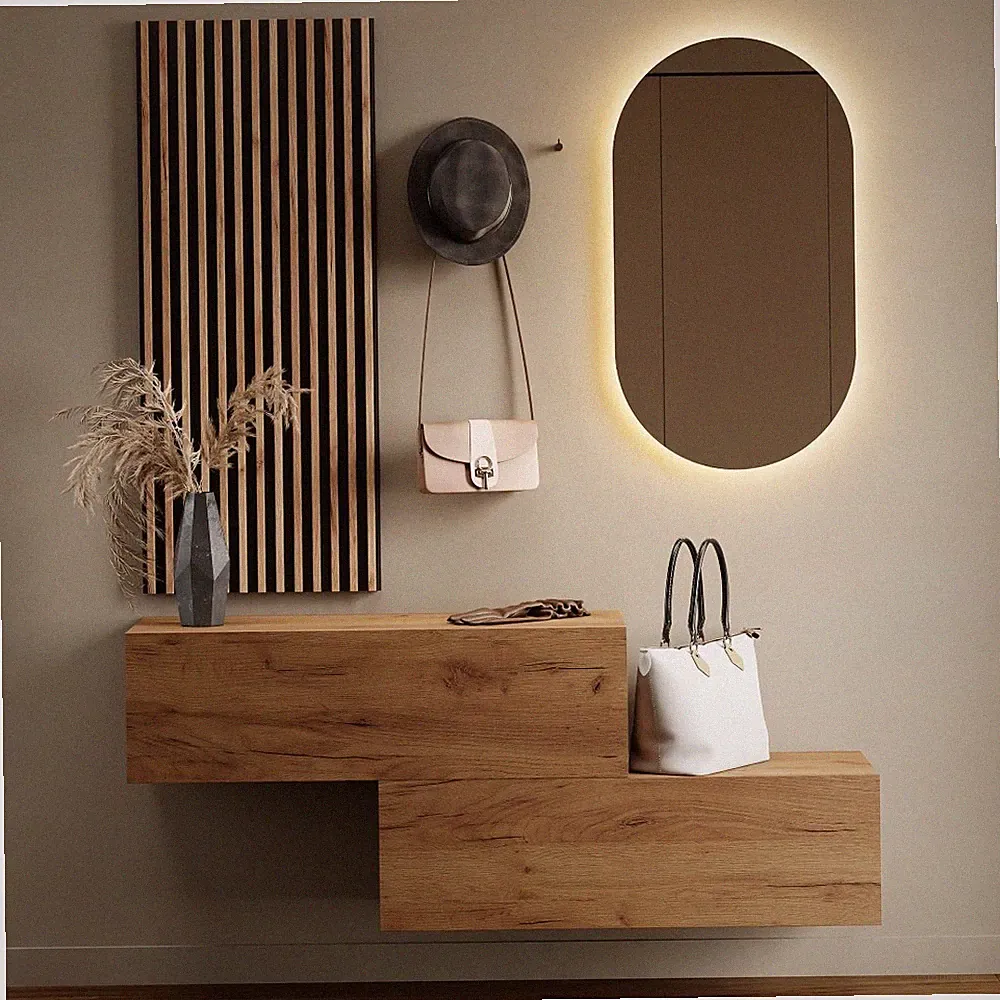 Planetmöbel Garderobenset aus Flurschrank 2x 100 cm, ovaler LED Spiegel & Paneel