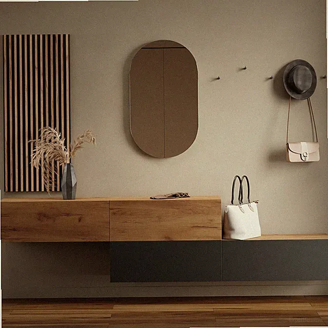 Planetmöbel Garderobenset aus Flurschrank 2x 160 cm, Oval Spiegel und Wandpaneel