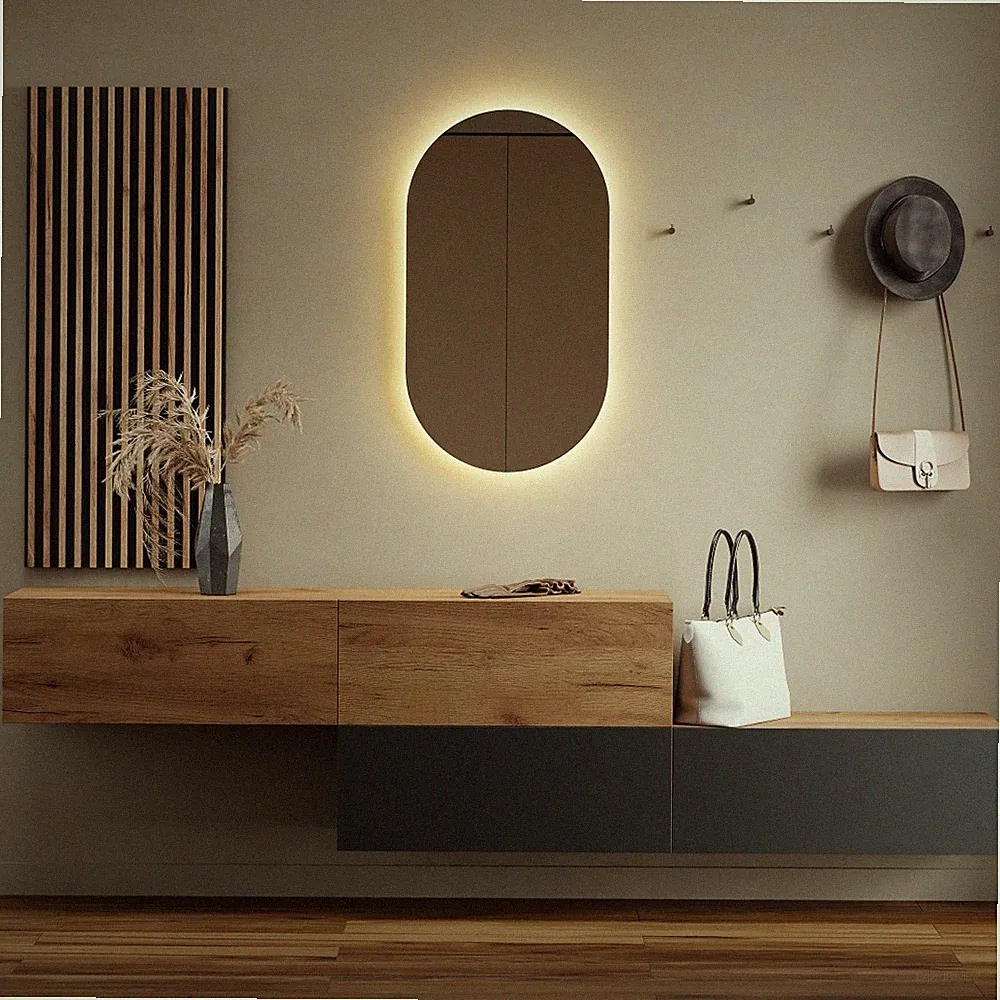 Planetmöbel Garderobenset aus Flurschrank 2x 160 cm, ovaler LED Spiegel & Paneel